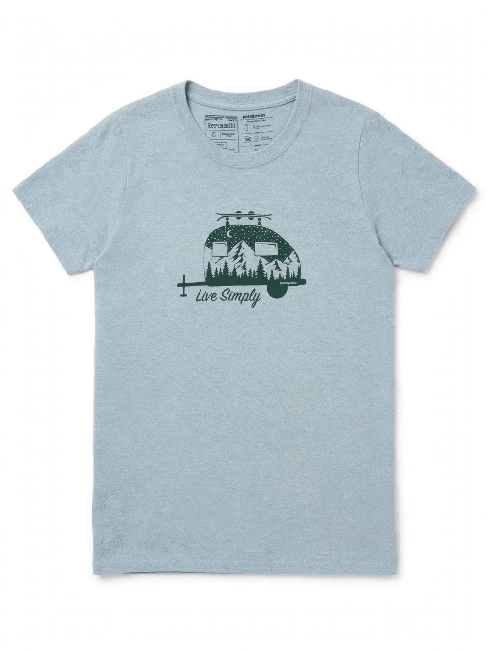 Patagonia Light Blue Tee with Dark Green Camper Graphic